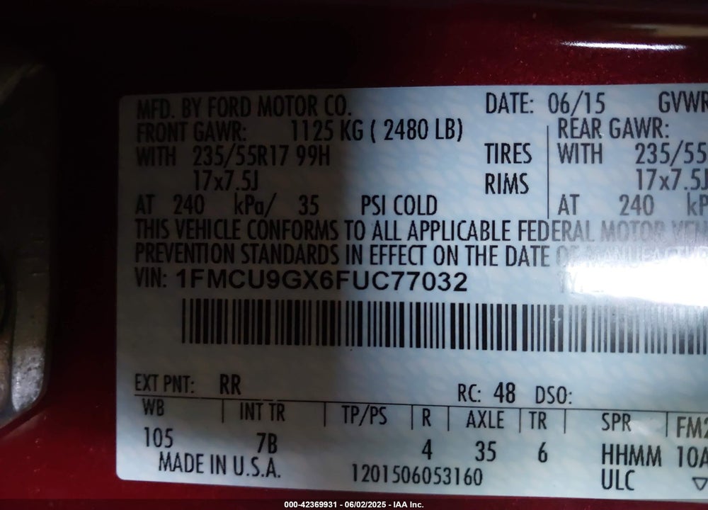 2015 FORD ESCAPE VIN: 1FMCU9GX6FUC77032