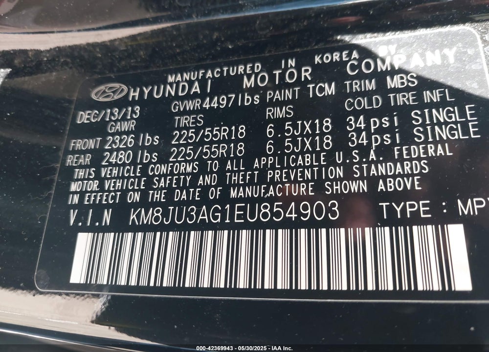 2014 HYUNDAI TUCSON LIMITED VIN: KM8JU3AG1EU854903