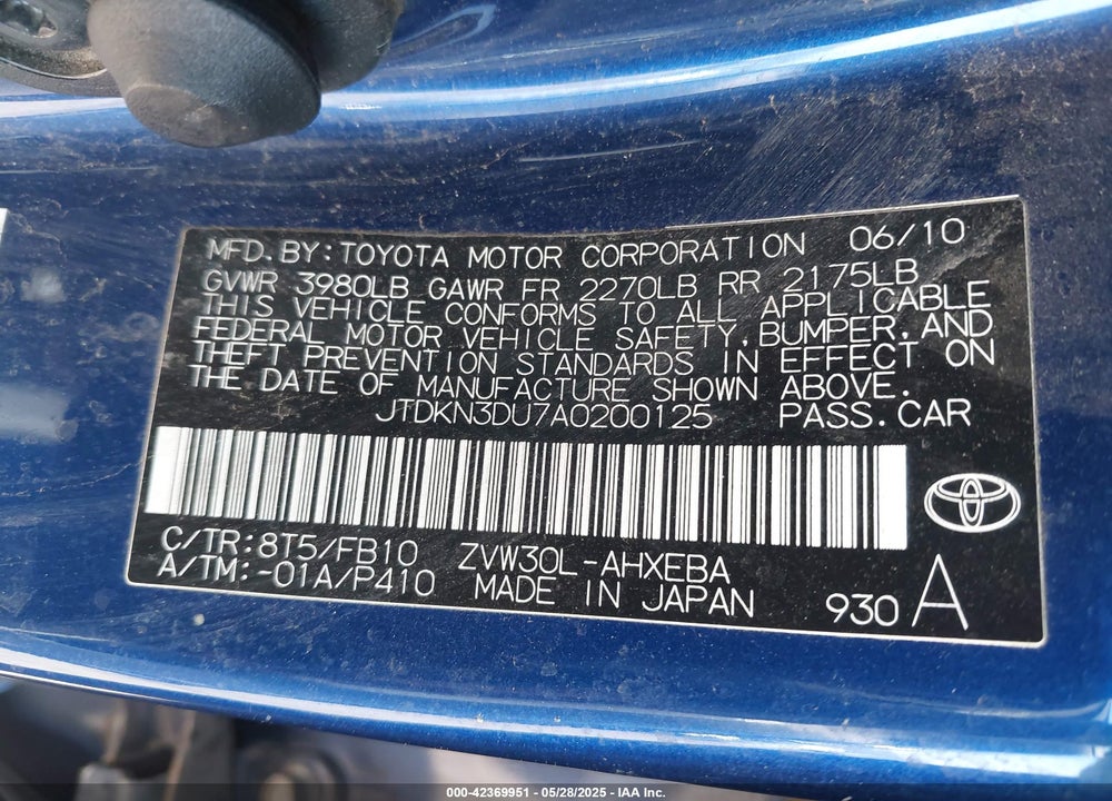 2010 TOYOTA PRIUS III VIN: JTDKN3DU7A0200125