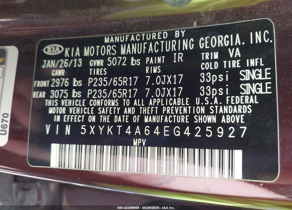 2014 KIA SORENTO LX VIN: 5XYKT4A64EG425927