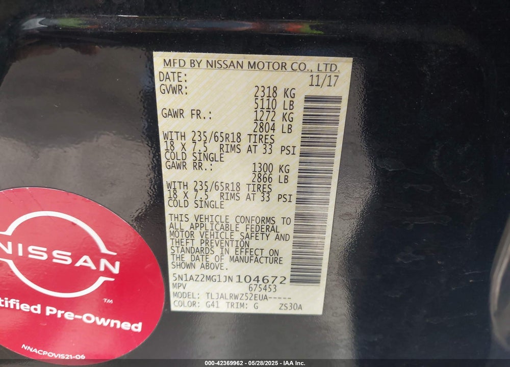 2018 NISSAN MURANO VIN: 5N1AZ2MG1JN104672