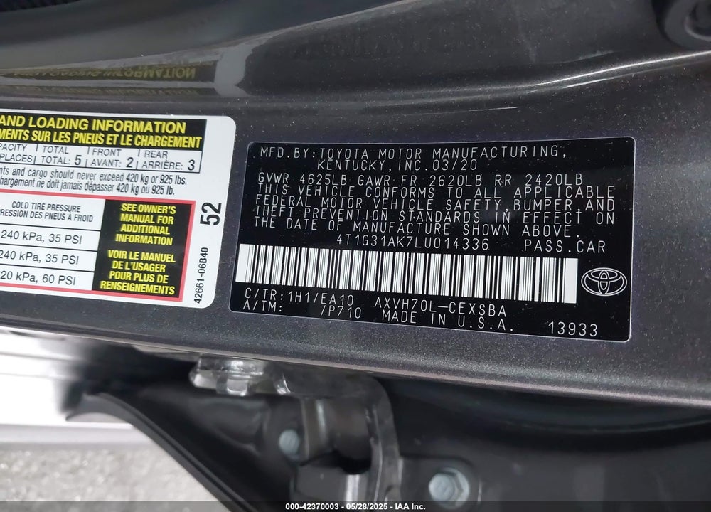 2020 TOYOTA CAMRY SE HYBRID VIN: 4T1G31AK7LU014336