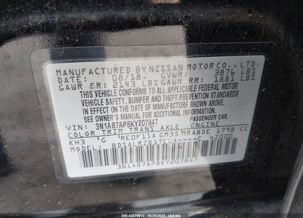 2019 NISSAN SENTRA SR VIN: 3N1AB7AP8KY207847