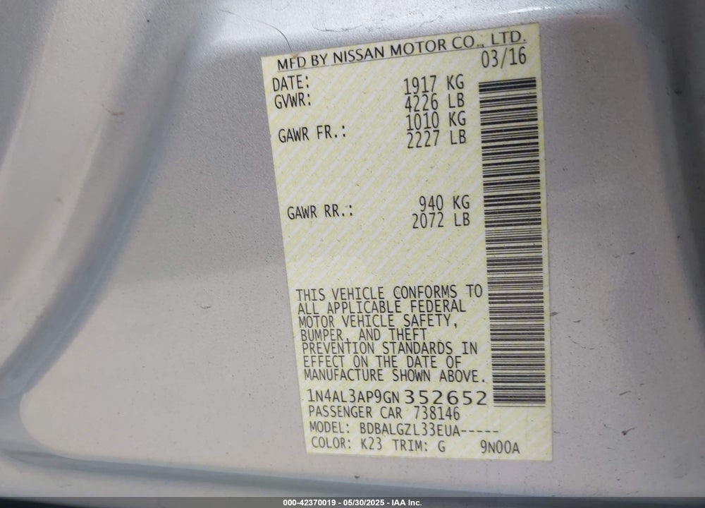 2016 NISSAN ALTIMA 2.5/2.5 S/2.5 SL/2.5 SR/2.5 SV VIN: 1N4AL3AP9GN352652