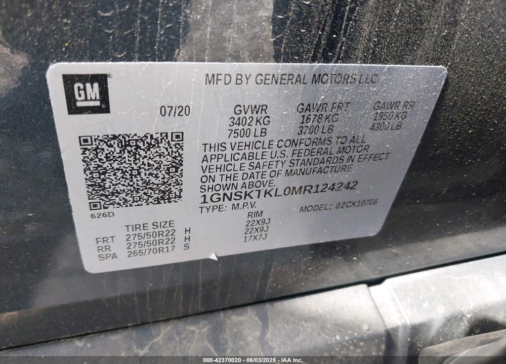 2021 CHEVROLET TAHOE VIN: 1GNSKTKL0MR124242