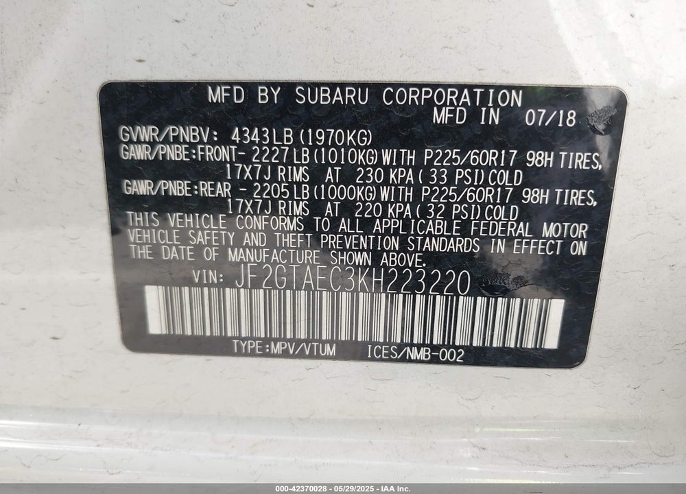 2019 SUBARU CROSSTREK 2.0I PREMIUM VIN: JF2GTAEC3KH223220