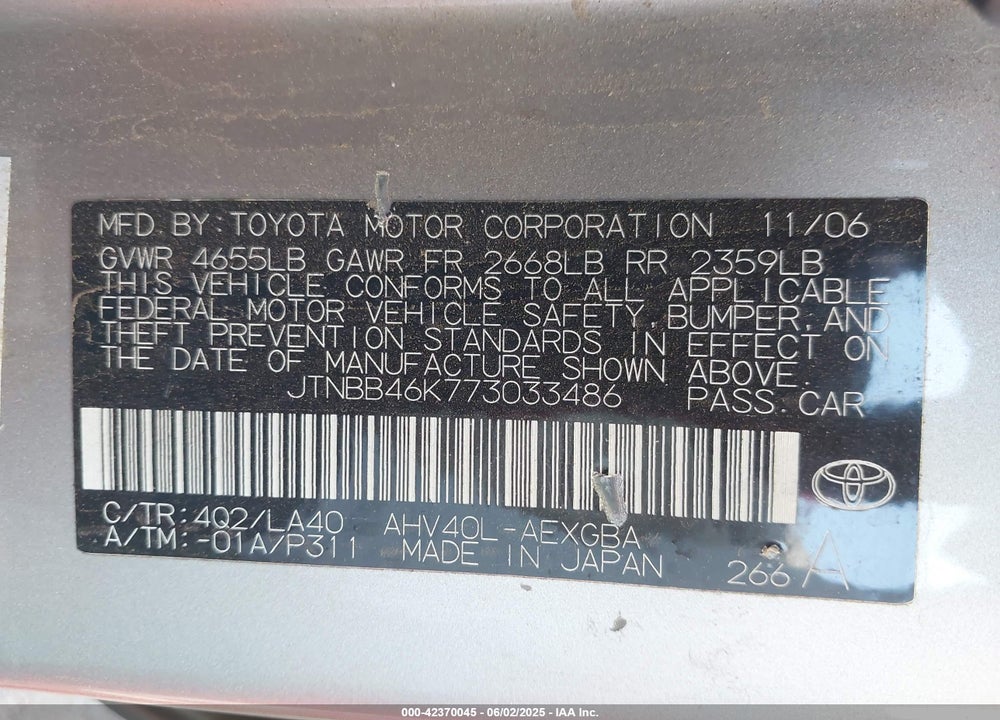 2007 TOYOTA CAMRY HYBRID VIN: JTNBB46K773033486