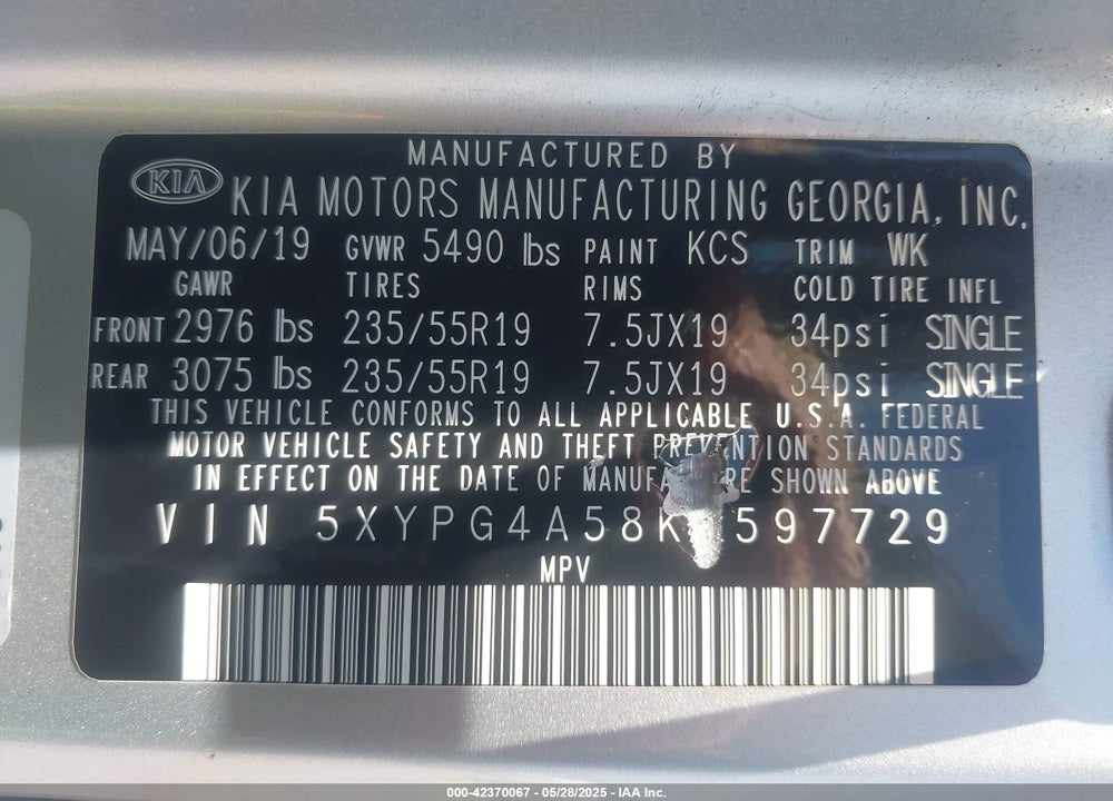 2019 KIA SORENTO 3.3L S VIN: 5XYPG4A58KG597729