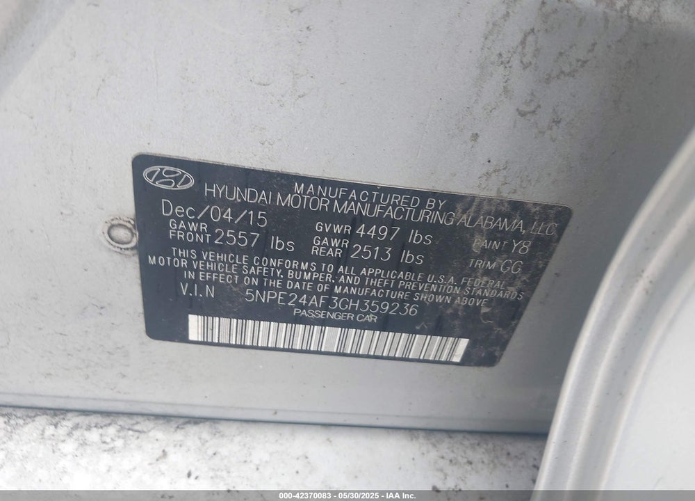 2016 HYUNDAI SONATA VIN: 5NPE24AF3GH359236