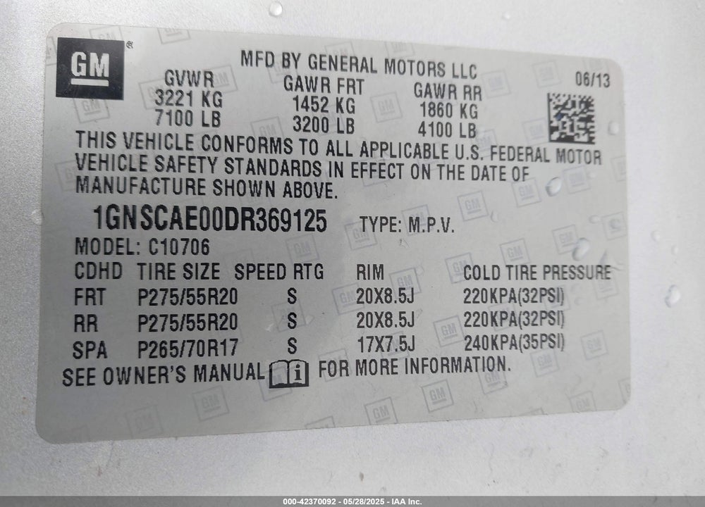 2013 CHEVROLET TAHOE VIN: 1GNSCAE00DR369125
