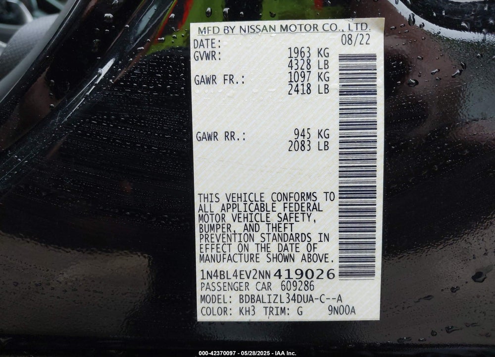 2022 NISSAN ALTIMA VIN: 1N4BL4EV2NN419026