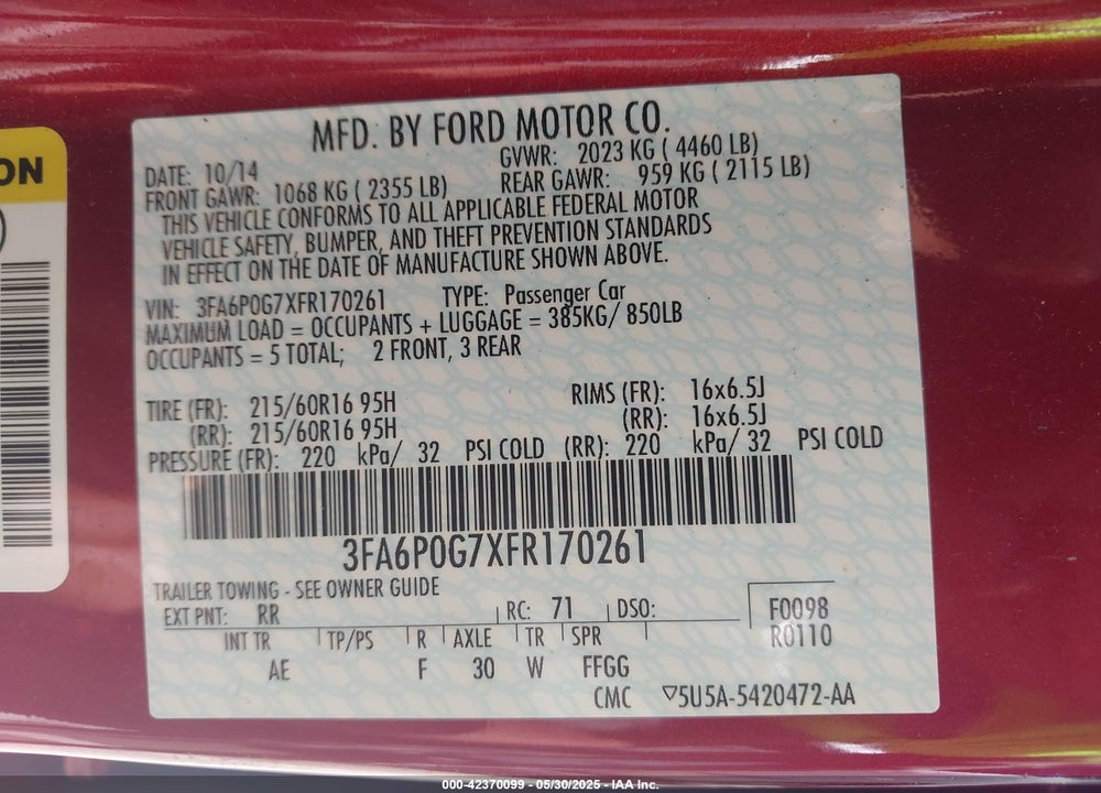 2015 FORD FUSION VIN: 3FA6P0G7XFR170261