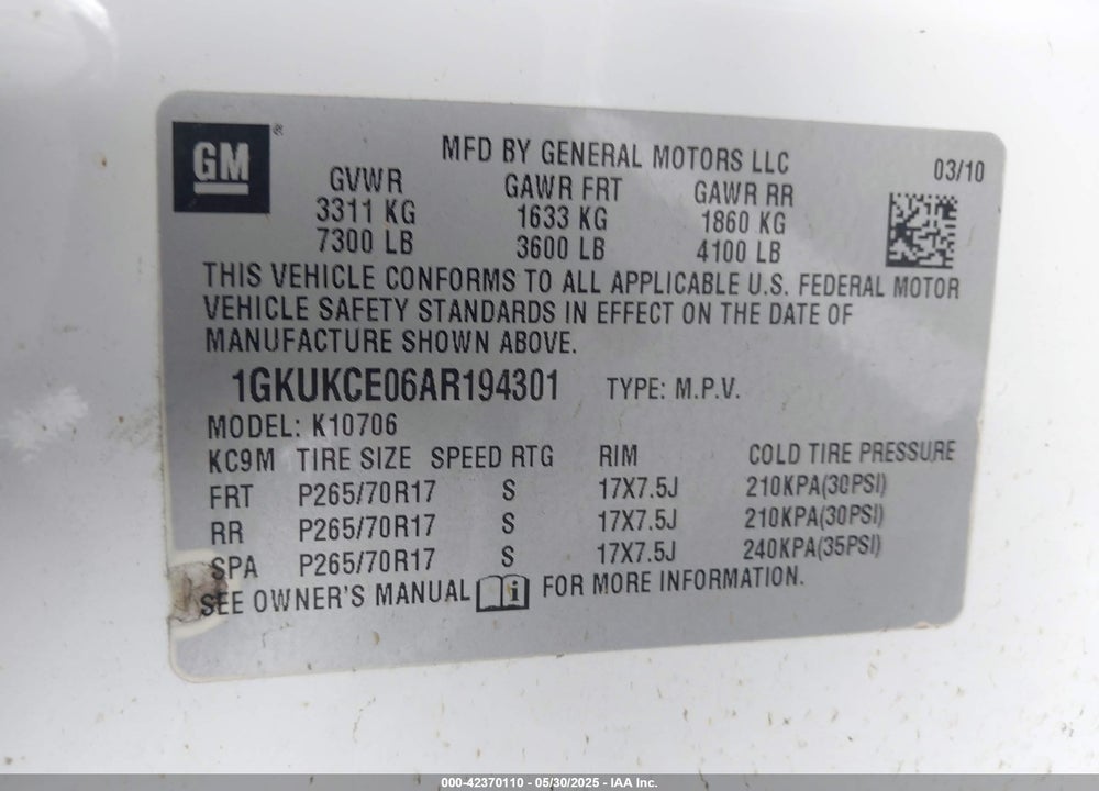 2010 GMC YUKON VIN: 1GKUKCE06AR194301