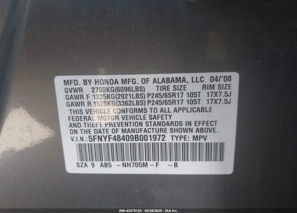 2009 HONDA PILOT VIN: 5FNYF48409B001972