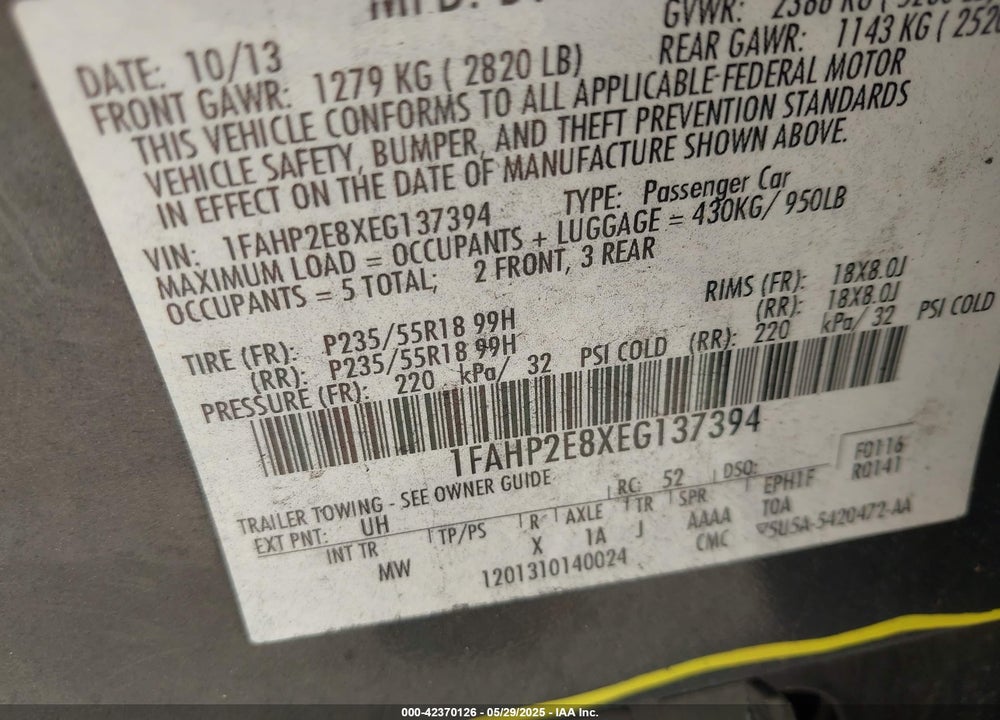 2014 FORD TAURUS VIN: 1FAHP2E8XEG137394