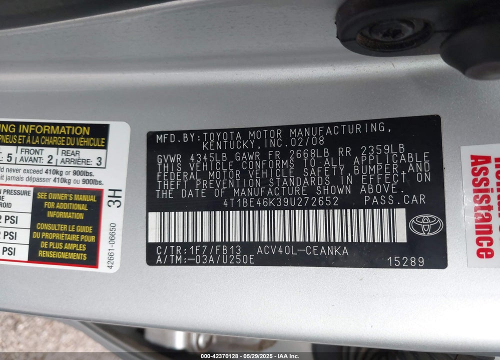 2009 TOYOTA CAMRY VIN: 4T1BE46K39U272652