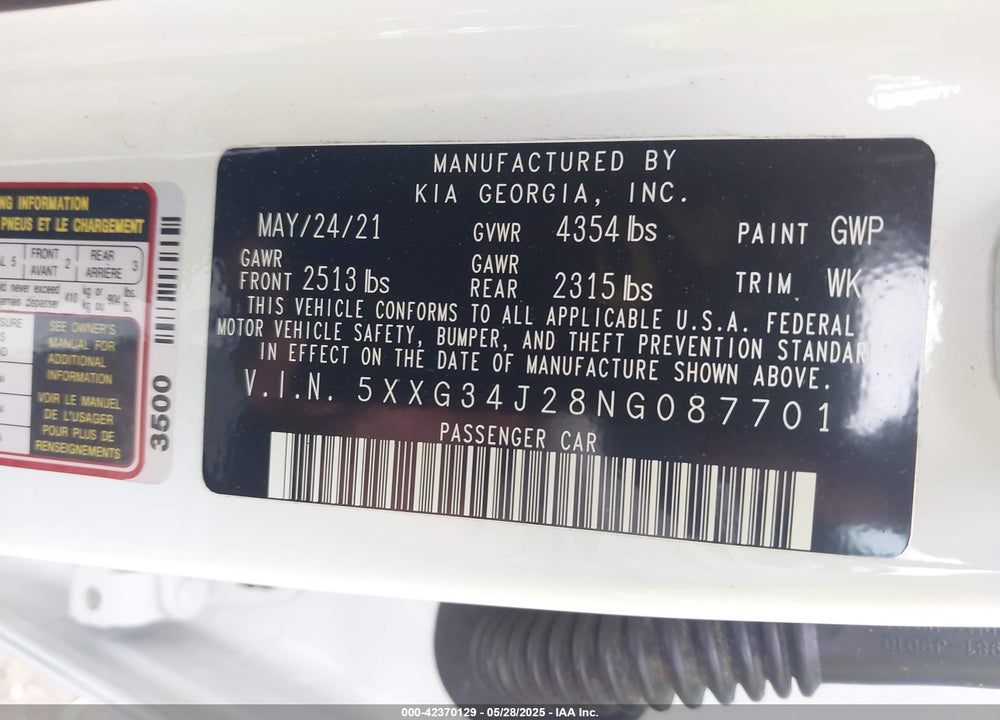 2022 KIA K5 VIN: 5XXG34J28NG087701