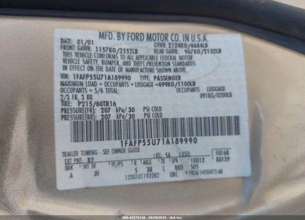 2001 FORD TAURUS SES VIN: 1FAFP55U71A189990