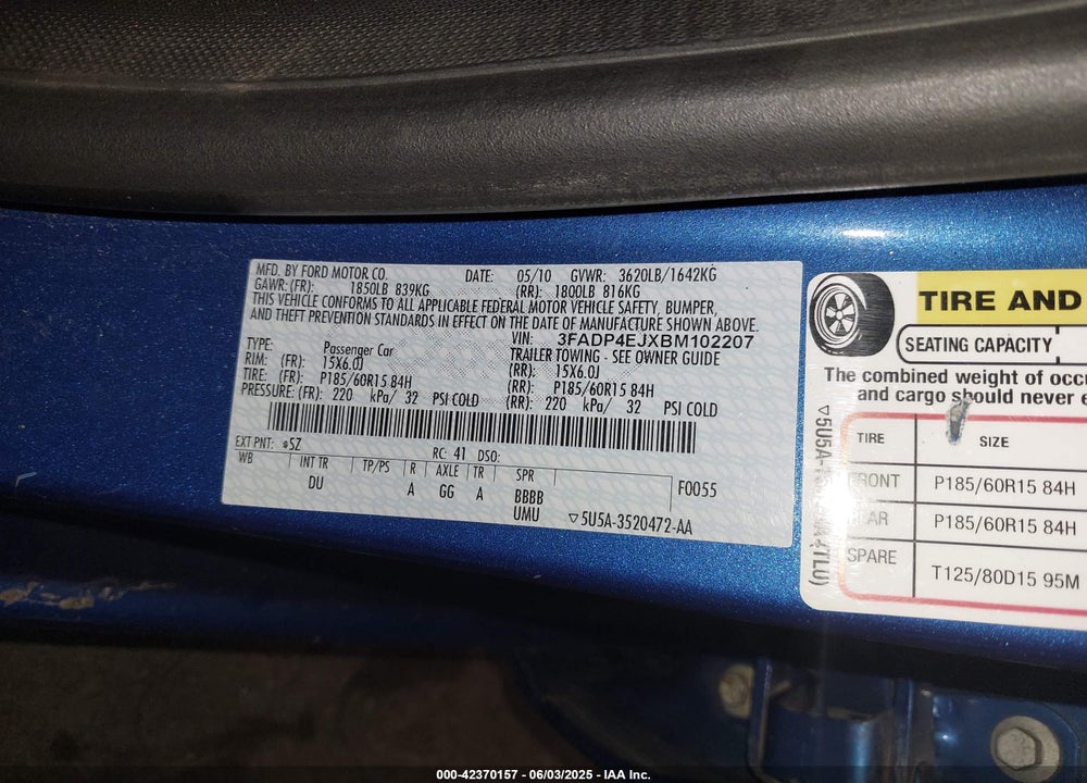2011 FORD FIESTA VIN: 3FADP4EJXBM102207