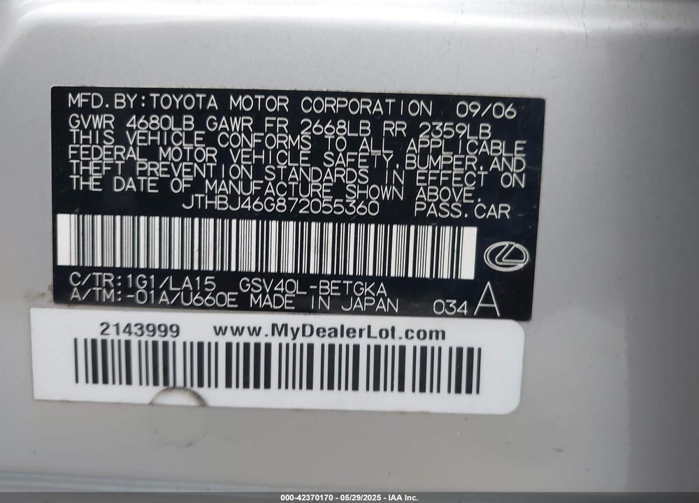 2007 LEXUS ES 350 VIN: JTHBJ46G872055360
