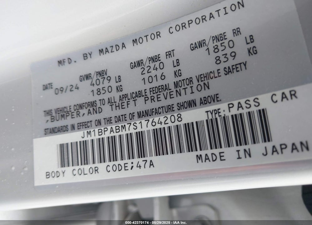 2025 MAZDA 3 VIN: JM1BPABM7S1764208