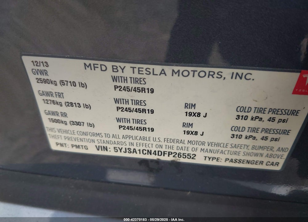 2013 TESLA MODEL S VIN: 5YJSA1CN4DFP26552