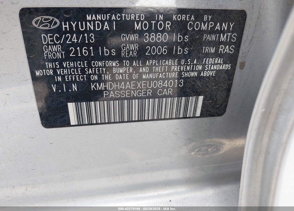 2014 HYUNDAI ELANTRA SE VIN: KMHDH4AEXEU084013
