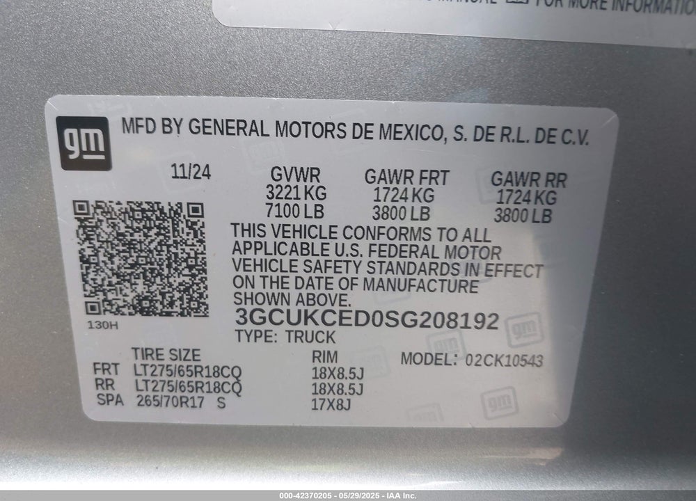 2025 CHEVROLET SILVERADO 1500 4WD SHORT BED CUSTOM TRAIL BOSS VIN: 3GCUKCED0SG208192