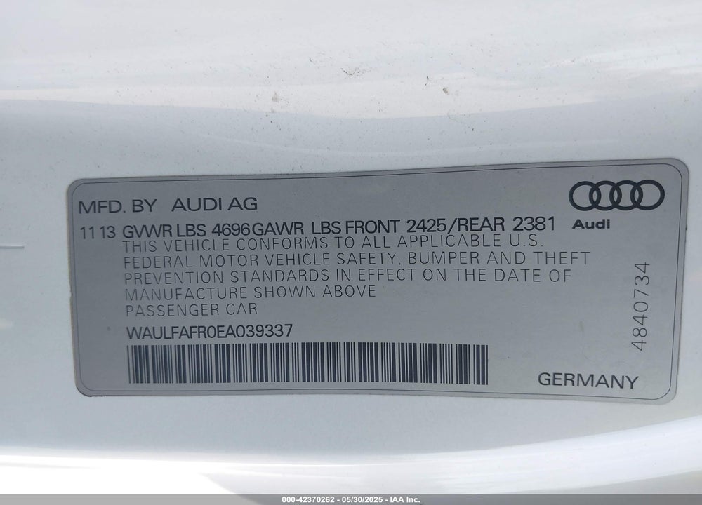 2014 AUDI A5 2.0T PREMIUM VIN: WAULFAFR0EA039337