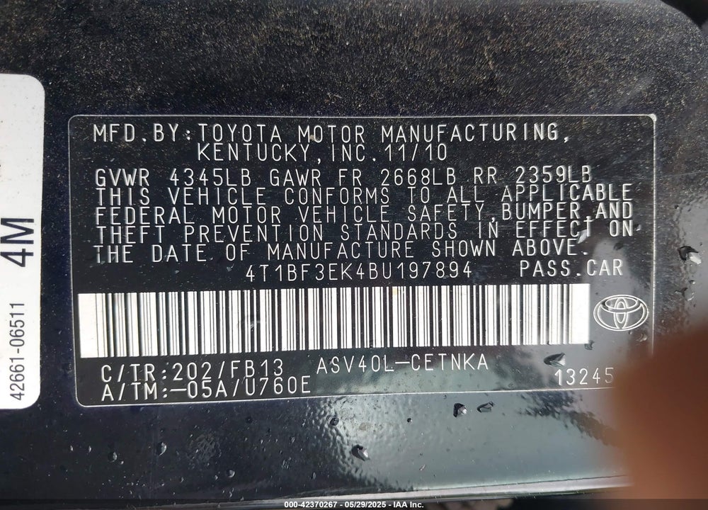 2011 TOYOTA CAMRY VIN: 4T1BF3EK4BU197894