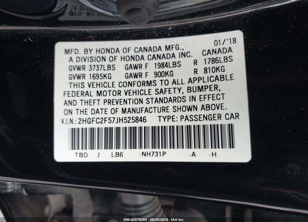 2018 HONDA CIVIC LX VIN: 2HGFC2F57JH525846
