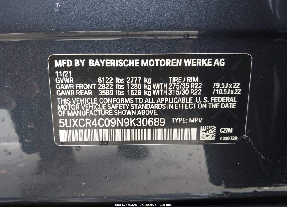 2022 BMW X5 VIN: 5UXCR4C09N9K30689