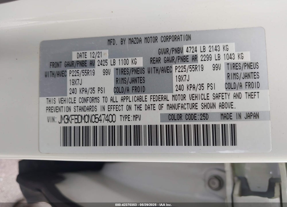 2022 MAZDA CX-5 VIN: JM3KFBDM0N0547400