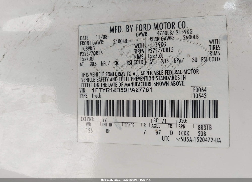 2009 FORD RANGER XL/XLT VIN: 1FTYR14D59PA27761