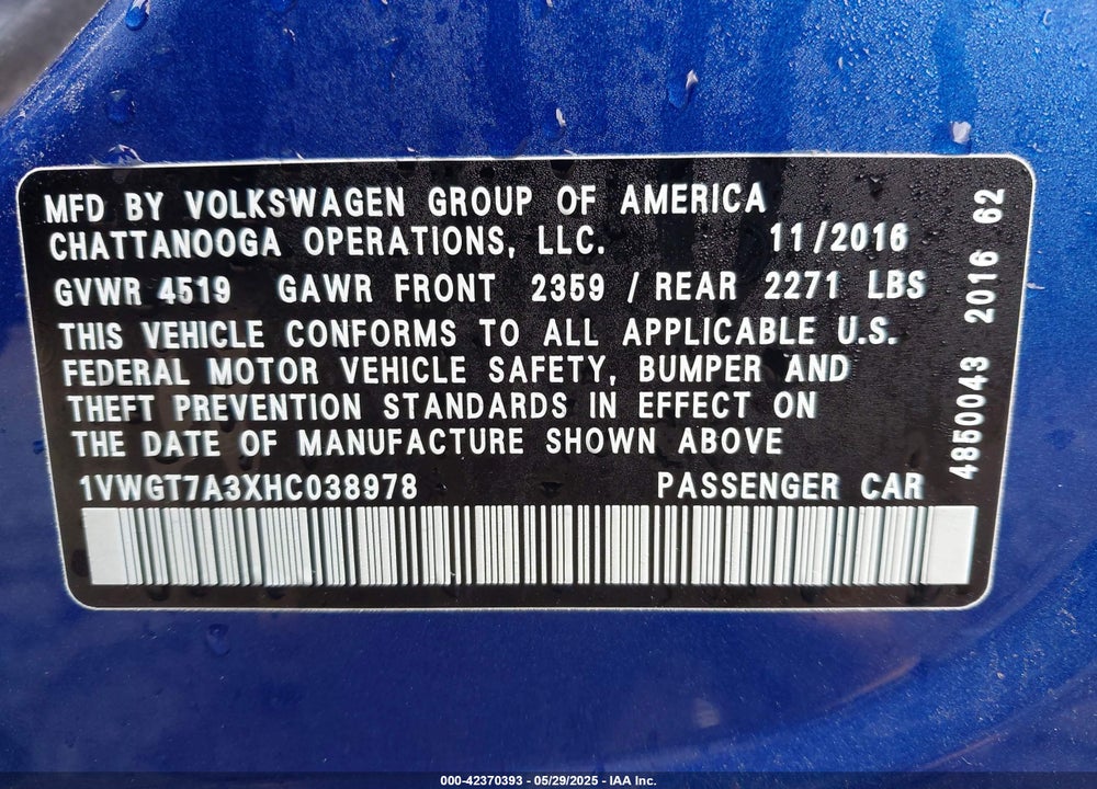 2017 VOLKSWAGEN PASSAT 1.8T SE VIN: 1VWGT7A3XHC038978