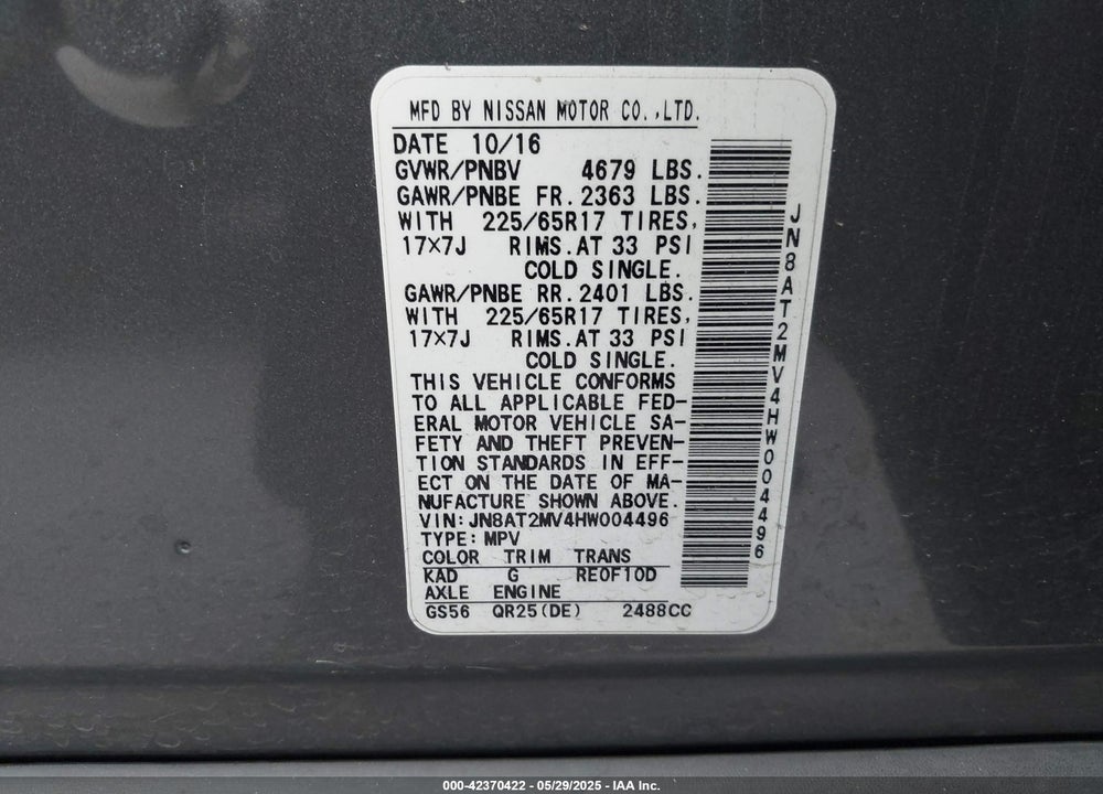 2017 NISSAN ROGUE SV VIN: JN8AT2MV4HW004496