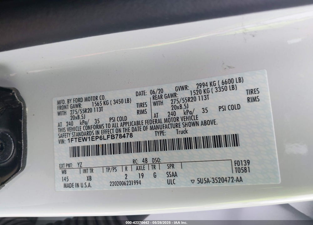 2020 FORD F-150 VIN: 1FTEW1EP6LFB78478