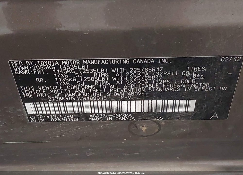 2012 TOYOTA RAV4 VIN: 2T3BF4DV1CW188015