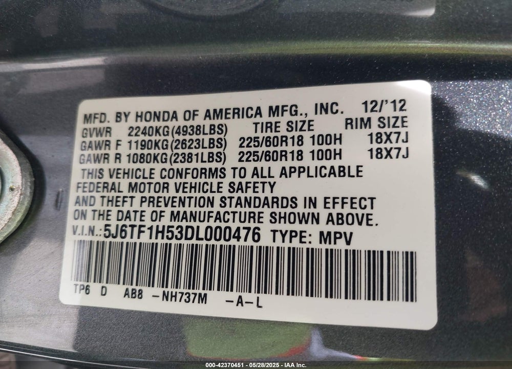 2013 HONDA CROSSTOUR VIN: 5J6TF1H53DL000476
