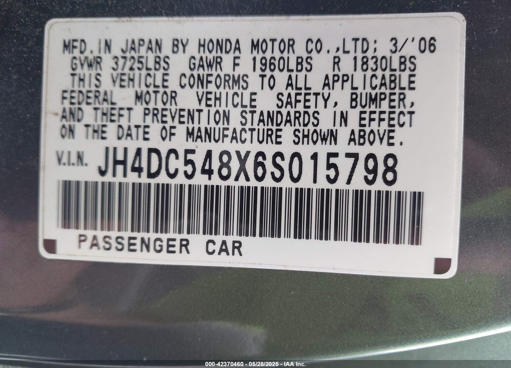 2006 ACURA RSX VIN: JH4DC548X6S015798