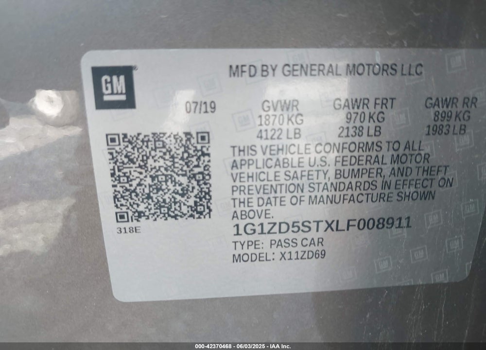 2020 CHEVROLET MALIBU VIN: 1G1ZD5STXLF008911