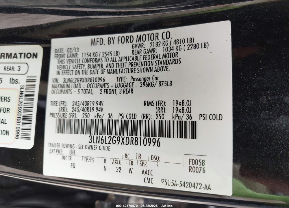 2013 LINCOLN MKZ VIN: 3LN6L2G9XDR810996