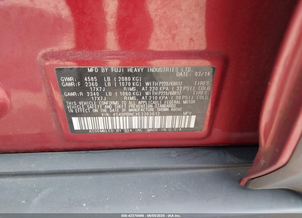 2014 SUBARU OUTBACK VIN: 4S4BRBNCXE3303012