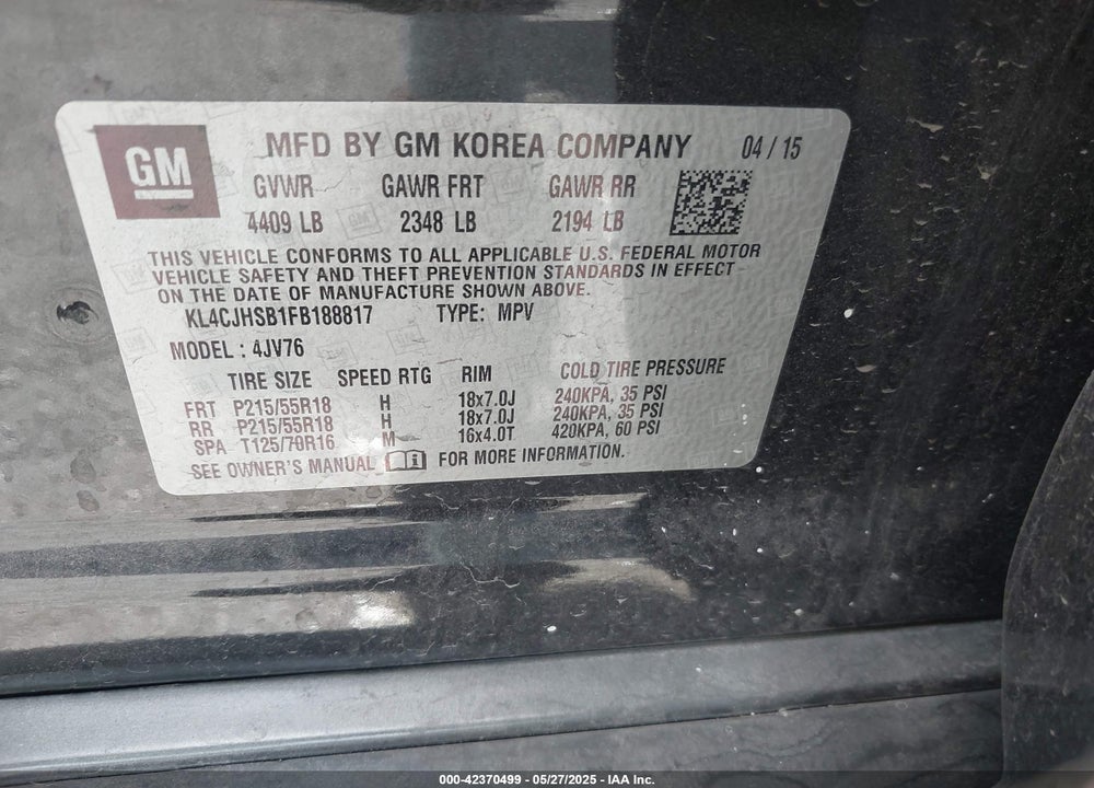 2015 BUICK ENCORE VIN: KL4CJHSB1FB188817