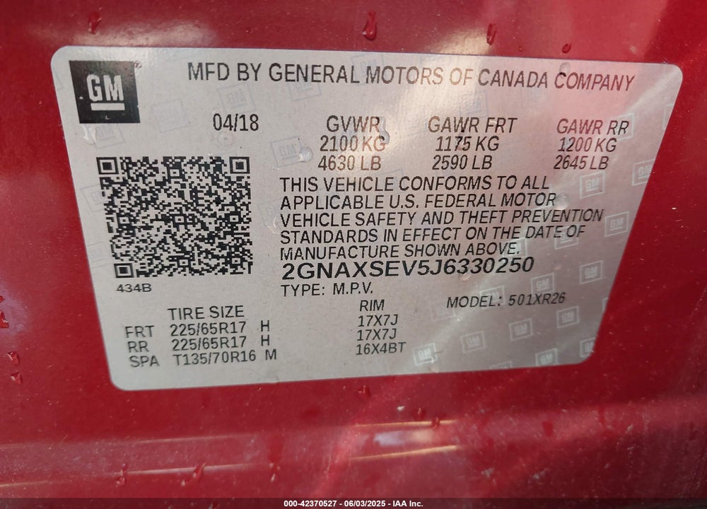 2018 CHEVROLET EQUINOX VIN: 2GNAXSEV5J6330250