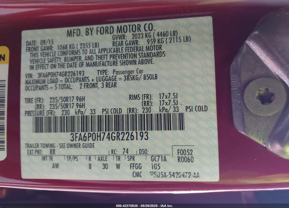 2016 FORD FUSION VIN: 3FA6P0H74GR226193