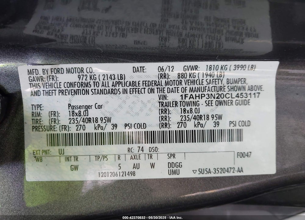 2012 FORD FOCUS VIN: 1FAHP3N20CL453117