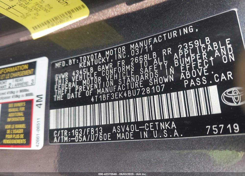 2011 TOYOTA CAMRY LE VIN: 4T1BF3EK4BU728107