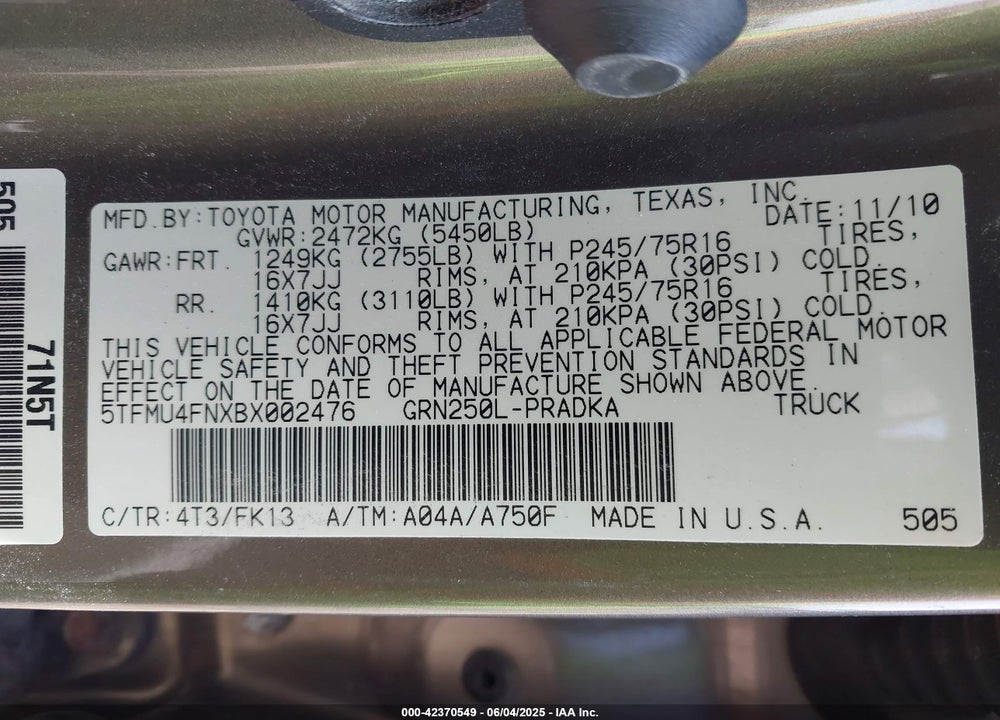 2011 TOYOTA TACOMA BASE V6 VIN: 5TFMU4FNXBX002476