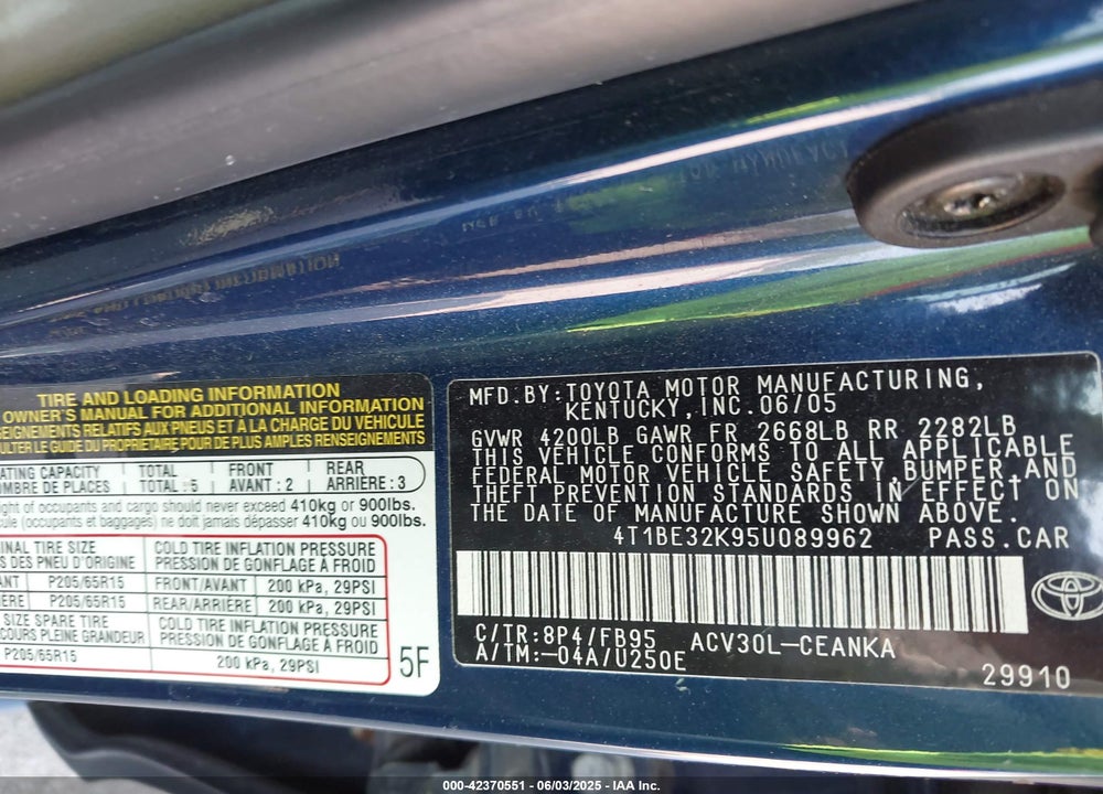 2005 TOYOTA CAMRY LE/SE/STD/XLE VIN: 4T1BE32K95U089962